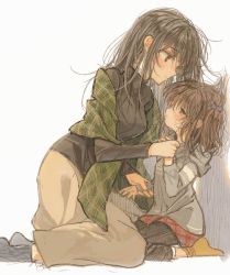 Rule 34 | 2girls, against wall, age difference, assertive female, black hair, blush, bow, brown hair, child, crying, crying with eyes open, hair bow, highres, holding hands, hood, hoodie, itou hachi, kinjo no yasashii onee-san, long hair, long skirt, looking at another, multiple girls, onee-loli, shawl, short hair, sketch, skirt, smile, socks, sweater, tears, yuri