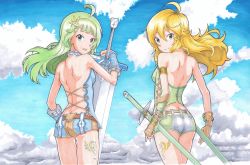 Rule 34 | 2girls, absurdres, backless outfit, blonde hair, blue eyes, blue sky, butt crack, clothing cutout, cloud, cowboy shot, cross-laced clothes, cross-laced cutout, day, fingerless gloves, floating hair, from behind, gloves, green hair, hair between eyes, hairband, highres, holding, holding sword, holding weapon, hoshii miki, idolmaster, idolmaster (classic), idolmaster million live!, long hair, looking at viewer, looking back, mm (pixiv2899112), multiple girls, outdoors, sheath, sheathed, shimabara elena, short shorts, shorts, sky, smile, standing, sword, weapon, yellow hairband