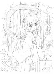 Rule 34 | amami mikihiro, blush, dragon, greyscale, japanese clothes, lineart, miko, monochrome, nature, original, outdoors, short twintails, smile, solo, tarot, tree, twintails