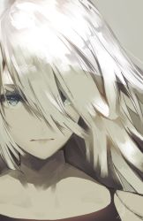 Rule 34 | 1girl, android, blue eyes, close-up, facing viewer, hair over face, joints, nier (series), nier:automata, robot joints, saihate (d3), signature, silver hair, solo, tank top, a2 (nier:automata)