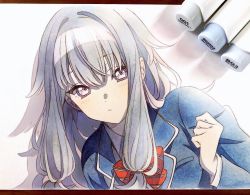 Rule 34 | 1girl, art tools in frame, blue jacket, blush, bow, bowtie, clenched hand, closed mouth, commentary, green hair, hair flaps, jacket, kamiyama high school uniform (project sekai), kusanagi nene, long hair, long sleeves, looking at viewer, marker (medium), pato (ptro), photo (medium), project sekai, purple eyes, red bow, red bowtie, school uniform, simple background, solo, striped bow, striped bowtie, striped clothes, traditional media, upper body, white background, wing collar