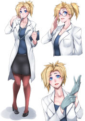 Rule 34 | 1girl, alternate costume, bespectacled, blonde hair, blue eyes, blush, breasts, brown pantyhose, cleavage, doctor, gggg, glasses, gloves, high ponytail, highres, lab coat, large breasts, looking at viewer, mercy (overwatch), multiple views, open mouth, overwatch, overwatch 1, pantyhose, pencil skirt, short hair, side ponytail, skirt, smile, stethoscope