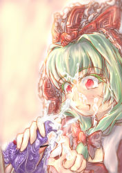 Rule 34 | 1girl, :d, blush, bow, censored, colored eyelashes, cum, cum on hair, cum string, ejaculation, facial, femdom, green hair, hair bow, hair ribbon, handjob, happy, happy facial, happy sex, highres, kagiyama hina, lace, lace-trimmed panties, lace trim, long hair, open mouth, panties, panties on penis, panties on penis, penis, purple panties, red eyes, ribbon, shimasuzumi, smile, solo focus, touhou, underwear, upper body