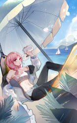 Rule 34 | 1girl, absurdres, arknights, arm up, bare shoulders, beach, beach umbrella, black pants, blue eyes, blue poison (arknights), blue poison (shoal beat) (arknights), blue shorts, blue sky, boat, breasts, camisole, chinese commentary, cloud, commentary request, crop top, day, hammock, highres, holding, jacket, knee up, leggings, long hair, long sleeves, looking at viewer, midriff, navel, off shoulder, official alternate costume, open clothes, open jacket, outdoors, pants, parted lips, pink hair, shenyuheimao, short shorts, shorts, sky, small breasts, solo, spaghetti strap, sports bra, stomach, strap slip, umbrella, watercraft, white jacket