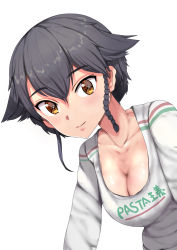 Rule 34 | 10s, 1girl, black hair, breasts, brown eyes, cleavage, girls und panzer, highres, leaning forward, looking at viewer, medium breasts, pepperoni (girls und panzer), short hair, sikijou77o, simple background, smile, solo, upper body, white background