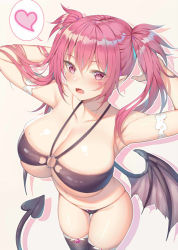 Rule 34 | 1girl, alexmaster, arm garter, armpits, arms up, bare shoulders, bikini, black bikini, black thighhighs, breasts, cleavage, collarbone, cowboy shot, demon girl, demon tail, demon wings, facial mark, fangs, halterneck, halterneck, heart, jpeg artifacts, large breasts, long hair, looking at viewer, mole, mole on breast, navel, o-ring, o-ring bikini, o-ring top, open mouth, original, pink eyes, pink hair, pointy ears, sidelocks, simple background, skindentation, solo, spoken heart, standing, swimsuit, tail, thigh gap, thighhighs, thighs, twintails, white background, wings
