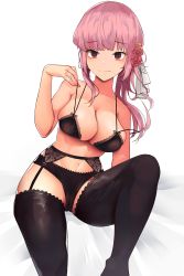 Rule 34 | 1girl, absurdres, bare arms, bare shoulders, bed sheet, black bra, black panties, black thighhighs, blunt bangs, bra, breasts, cameltoe, chirpy, cleavage, closed mouth, collarbone, commentary request, flower, garter belt, garter straps, hair flower, hair ornament, hand up, highres, hololive, hololive english, knee up, lace, lace-trimmed bra, lace-trimmed legwear, lace-trimmed panties, lace trim, large breasts, lingerie, looking at viewer, mori calliope, navel, orange eyes, panties, pink hair, rose, sagging breasts, simple background, sitting, smile, solo, split mouth, string bra, thighhighs, underwear, virtual youtuber, white background
