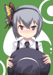 Rule 34 | 1girl, blush, butterfly hair ornament, closed mouth, collared shirt, expressionless, female focus, floating, ghost, green background, grey hair, hair ornament, hairband, hat, unworn hat, unworn headwear, hitodama, holding, johnny funamushi, konpaku youmu, konpaku youmu (ghost), looking at viewer, purple eyes, shirt, short hair, simple background, solo, suspenders, touhou, upper body