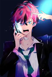 Rule 34 | 1boy, angry, bad id, bad twitter id, bags under eyes, blue background, blue eyes, blue hair, business suit, cellphone, collared shirt, finger gun, finger gun to head, flip phone, formal, glowing, green necktie, holding, holding phone, hypnosis mic, kannonzaka doppo, loose necktie, male focus, messy hair, multicolored hair, necktie, open mouth, phone, red hair, salaryman, shirt, shouting, signature, solo, striped clothes, striped shirt, suit, two-tone hair