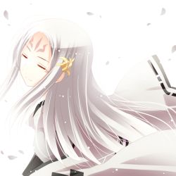 Rule 34 | 1boy, closed eyes, facial mark, fire emblem, fire emblem fates, forehead mark, izana (fire emblem), kakanien, long hair, male focus, nintendo, petals, simple background, solo, white background, white hair