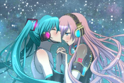 Rule 34 | 2girls, aqua hair, aqua nails, armband, bare shoulders, black detached sleeves, blue eyes, blush, brooch, collared shirt, couple, closed eyes, female focus, gem, grey shirt, hair ornament, half-closed eyes, holding hands, hatsune miku, headphones, headset, imminent kiss, interlocked fingers, jewelry, light particles, long hair, looking at another, megurine luka, multiple girls, nail polish, neck, open mouth, pink hair, blue gemstone, see-through, shirt, sleeveless, sleeveless shirt, smile, tattoo, turtleneck, twintails, upper body, vocaloid, yunca, yuri