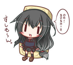 Rule 34 | 1girl, :d, black hair, black jacket, black skirt, black thighhighs, blazer, blush, brown footwear, collared shirt, english text, hair between eyes, hatsushimo (kancolle), jacket, kantai collection, komakoma (magicaltale), loafers, long hair, long sleeves, low-tied long hair, open mouth, pleated skirt, red neckwear, shirt, shoes, simple background, skirt, smile, solo, standing, thighhighs, translation request, very long hair, white background, white shirt, | |, || ||