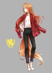 Rule 34 | 1girl, animal ears, ayakura juu, black pants, brown hair, grey background, hand on own hip, holo, jacket, jacket on shoulders, logo, long hair, looking to the side, official art, pants, pouch, red eyes, red jacket, shirt, smile, solo, spice and wolf, tail, white shirt, wolf ears, wolf tail