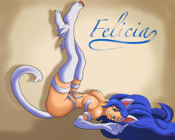 Rule 34 | 1girl, animal ears, animal hands, bare shoulders, blue hair, breasts, cat ears, cat tail, character name, dark-skinned female, dark skin, felicia (darkstalkers), giftedlion, green eyes, large breasts, long hair, looking at viewer, on floor, tail, darkstalkers, very long hair