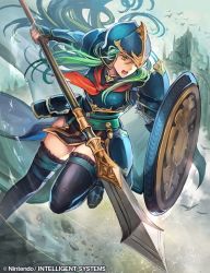 Rule 34 | 1girl, animal, aqua eyes, aqua hair, arm guards, armor, bird, breastplate, castle, commentary request, company connection, copyright name, day, fire emblem, fire emblem: radiant dawn, helmet, holding, holding shield, holding weapon, leg up, long hair, nephenee, nij 24, nintendo, official art, open mouth, outdoors, pelvic curtain, polearm, shield, shoulder armor, solo, spear, thighhighs, weapon, zettai ryouiki