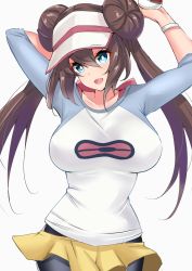 Rule 34 | 1girl, arms up, black pantyhose, blue eyes, blush, breasts, brown hair, collarbone, commentary request, creatures (company), double bun, game freak, hair between eyes, hair bun, highres, large breasts, long sleeves, looking at viewer, nintendo, open mouth, pantyhose, pantyhose under shorts, poke ball, pokemon, pokemon bw2, raglan sleeves, rosa (pokemon), sankakusui, short shorts, shorts, simple background, smile, solo, twintails, visor cap, white background, wristband, yellow shorts