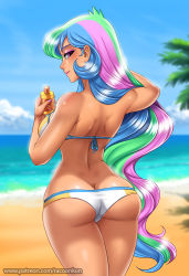 Rule 34 | 1girl, ass, bare shoulders, bikini, blue hair, blush, breasts, butt crack, celestia (my little pony), from behind, green hair, large breasts, long hair, looking at viewer, looking back, multicolored hair, my little pony, my little pony: friendship is magic, nail polish, parted lips, personification, pink hair, purple eyes, racoonkun, shiny skin, sideboob, smile, solo, swimsuit, tan, very long hair