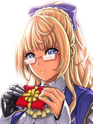 Rule 34 | 1girl, blonde hair, blue bow, blue eyes, bow, box, bright pupils, commentary, english commentary, eyebrows hidden by hair, glasses, hair behind ear, hair bow, holding, holding box, long hair, looking at viewer, marica bellerose, mechanical arms, myholo tv, single mechanical arm, smile, solo, substance20, upper body, valentine, virtual youtuber, white background, white pupils, yellow bow