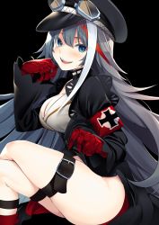 Rule 34 | 1girl, :d, armband, ass, azur lane, black background, black hat, black jacket, blue eyes, breasts, cleavage, commentary, crossed legs, deutschland (azur lane), fangs, goggles, grey hair, hand up, hat, highres, jacket, jun project, large breasts, leg belt, long hair, long sleeves, looking at viewer, mechanical arms, multicolored hair, open mouth, peaked cap, red hair, simple background, sitting, smile, solo, streaked hair, thigh strap, thighs, very long hair, white hair