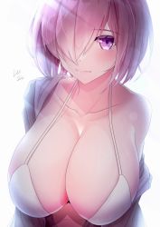 Rule 34 | 1girl, alternate costume, backlighting, blush, breasts, closed mouth, collarbone, fate/grand order, fate (series), hair over one eye, large breasts, lee-taro, light smile, looking at viewer, mash kyrielight, off shoulder, purple eyes, purple hair, short hair, signature, smile, solo, upper body, white background