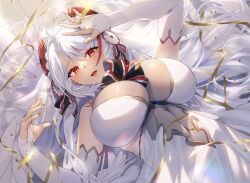 Rule 34 | 1girl, azur lane, bare shoulders, breasts, cleavage, cup, detached sleeves, dress, drinking glass, highres, large breasts, long hair, looking at viewer, lying, maitei roppa, multicolored hair, nail polish, navel, on back, parted bangs, parted lips, pink lips, prinz eugen (azur lane), prinz eugen (symphonic fate) (azur lane), red eyes, red headwear, ribbon, sidelocks, simple background, solo, streaked hair, wedding dress, white dress, white hair
