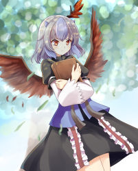 Rule 34 | 1girl, bird wings, black skirt, blue hair, blurry, blurry background, book, closed mouth, frown, grey hair, head wings, highres, holding, holding book, horns, kachuten, leaf, long sleeves, multicolored hair, outdoors, red eyes, red wings, short hair, single head wing, skirt, solo, tokiko (touhou), touhou, tree, two-tone hair, wings