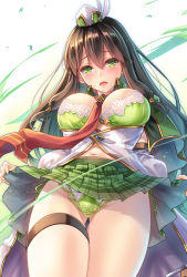 Rule 34 | 1girl, blush, bra, breasts, breasts out, brown hair, character request, clothes lift, commentary request, from below, gem, green bra, green eyes, green panties, hair between eyes, hair tubes, hat, head tilt, large breasts, light particles, long hair, looking at viewer, looking down, makirin, medium skirt, navel, necktie, open mouth, panties, plaid, plaid skirt, pleated skirt, red necktie, sidelocks, skirt, skirt lift, solo, standing, thigh gap, thigh strap, thighs, underwear, white hat, wind