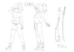 Rule 34 | 1girl, absurdres, ass, bare legs, breasts, character sheet, curvy, female focus, fundoshi, highres, izumi (queen&#039;s blade), japanese clothes, large breasts, long hair, looking at viewer, monochrome, multiple views, nipples, ponytail, queen&#039;s blade, queen&#039;s blade rebellion, sword, thighs, translation request, underwear, underwear only, weapon