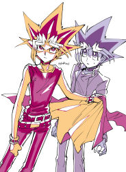 Rule 34 | 2boys, belt, bracelet, clenched hand, collar, commentary request, dyed bangs, fushitasu, holding, holding clothes, holding jacket, jacket, jewelry, long sleeves, looking at another, male focus, multicolored hair, multiple boys, muto yugi, open clothes, open jacket, pants, parted lips, shirt, sleeveless, sleeveless shirt, spiked hair, sweatdrop, yami yugi, yu-gi-oh!, yu-gi-oh! duel monsters