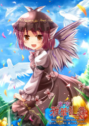 Rule 34 | 1girl, bad id, bad pixiv id, bird, blue sky, blush, brown eyes, day, dress, female focus, flower, hat, kirise, looking at viewer, lowres, mystia lorelei, open mouth, outdoors, petals, pink hair, short hair, sky, smile, solo, touhou, wings