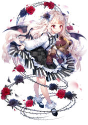 Rule 34 | 1girl, bat wings, blanca (liliorl), blonde hair, commission, curtsey, dress, fang, flower, frilled dress, frills, full body, hair flower, hair ornament, hieihirai, lace, lolita fashion, long hair, looking at viewer, original, piano print, puffy sleeves, red eyes, ribbon, rose, smile, solo, stuffed animal, stuffed toy, teddy bear, thorns, vampire, wavy hair, white hair, wings