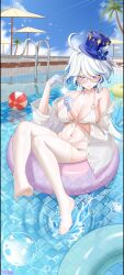 Rule 34 | 1girl, absurdres, ahoge, ball, bare shoulders, beachball, bespectacled, bikini, blue eyes, blue hair, blue hat, blue sky, breasts, bubble, choker, cloud, commentary request, day, feet, feifu, furina (genshin impact), genshin impact, glasses, gloves, hands up, hat, highres, innertube, jewelry, large breasts, legs, looking at viewer, multicolored hair, navel, off shoulder, pendant, pool, shirt, sky, smile, solo, stomach, streaked hair, swim ring, swimsuit, thighs, toes, top hat, umbrella, water, white bikini, white choker, white gloves, white hair, white shirt
