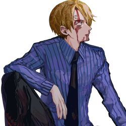 Rule 34 | 1boy, blonde hair, blood, blood on face, blue shirt, facial hair, hair over one eye, highres, knee up, looking to the side, male focus, necktie, one piece, sanji (one piece), shirt, short hair, sitting, solo, striped clothes, striped shirt, upper body, vertical-striped clothes, vertical-striped shirt, yadu nadu