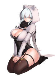 Rule 34 | 1girl, absurdres, animal hood, black scarf, black thighhighs, blue eyes, boots, breasts, capelet, cat hood, cleavage, closed mouth, commentary request, garter straps, hair between eyes, highleg, highres, hood, hood up, large breasts, long sleeves, looking to the side, original, own hands together, scarf, seiza, shadow, sidelocks, signature, simple background, sitting, solo, ssalu, thigh strap, thighhighs, thighs, white background, white hair