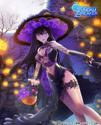 Rule 34 | 1girl, artist request, bare tree, black hair, black nails, blurry, blurry background, breasts, candy, candy cane, cleavage, commentary, copyright name, copyright notice, dress, fingernails, fishnet pantyhose, fishnets, food, gundam, gundam breaker mobile, halloween, halloween bucket, halloween costume, haro, hat, highres, jack-o&#039;-lantern, kuzunoha rindou, lace, lace trim, large breasts, lollipop, long hair, looking at viewer, moon, nail polish, navel, night, night sky, official art, pantyhose, pumpkin, purple eyes, sky, solo, star (sky), sweets, swirl lollipop, tree, witch, witch hat