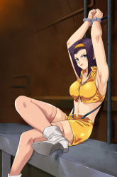Rule 34 | 1girl, absurdres, ankle boots, armpits, arms up, boots, bound, bound arms, bound wrists, breasts, cleavage, closed mouth, collarbone, cowboy bebop, crossed legs, cuffs, eyebrows, faye valentine, feet out of frame, female focus, fingernails, hair ornament, hairband, handcuffs, high heel boots, high heels, highres, lips, lipstick, looking at viewer, makeup, medium breasts, nail polish, navel, on bench, pink nails, purple hair, restrained, short hair, sitting, skindentation, smile, solo, tagme, thighhighs, white footwear, yellow hairband