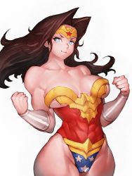 Rule 34 | 1girl, bare legs, bare shoulders, blue eyes, breasts, brown hair, circlet, cleavage, curvy, dc comics, female focus, fumio (rsqkr), hair intakes, large breasts, long hair, looking at viewer, medium breasts, shiny skin, simple background, smile, solo, thick thighs, thighs, white background, wide hips, wonder woman, wonder woman (series)