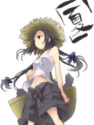 Rule 34 | 1girl, animal, arm at side, bag, belt, black eyes, black hair, black shorts, blue bow, bow, breasts, camisole, cat, closed mouth, from below, groin, hair bow, hat, holding strap, light smile, long hair, looking away, low-tied long hair, medium breasts, midriff, navel, parted bangs, satomi (black scarecrow), shorts, shoulder bag, simple background, sleeveless, solo, standing, stitches, stomach, straw hat, text focus, upshirt, upshorts, very long hair, white background