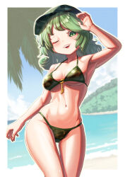 Rule 34 | 1girl, ;d, armpits, bare shoulders, beach, bikini, camouflage, camouflage bikini, camouflage headwear, commentary request, commission, contrapposto, creape, fingernails, flat cap, green eyes, green hair, green hat, groin, hand up, hat, highres, key, looking at viewer, medium hair, navel, ocean, one eye closed, open mouth, outdoors, skeb commission, smile, solo, stomach, string bikini, swimsuit, thigh gap, touhou, twisted torso, wavy hair, yamashiro takane