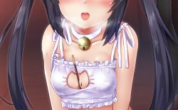 Rule 34 | 1girl, arms at sides, bell, birthday, black hair, blush, bra, breasts, breath, cat cutout, cat lingerie, cleavage cutout, close-up, clothing cutout, collar, collarbone, head out of frame, heavy breathing, highres, jingle bell, k-on!, lingerie, long hair, medium breasts, meme attire, nakano azusa, neck bell, open mouth, pocky day, samoore, solo, teeth, underwear, white bra