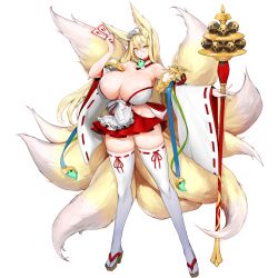 Rule 34 | 1girl, animal ears, areola slip, blonde hair, breasts, detached collar, feet, fox ears, fox girl, fox tail, full body, game cg, geta, hair between eyes, hakama, hakama skirt, highres, hirume of heavenly incense, huge breasts, japanese clothes, kitsune, kyuubi, last origin, legs, looking at viewer, magatama, maid headdress, miko, multiple tails, official art, ofuda, skirt, snowball22, solo, staff, tabi, tachi-e, tail, thighhighs, transparent background, white thighhighs, yellow eyes