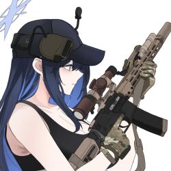 Rule 34 | 1girl, assault rifle, bare shoulders, baseball cap, black hat, black shirt, blue archive, blue eyes, blue hair, breasts, camouflage, cleavage, fte (fifteen 199), gloves, gun, halo, hat, headphones, holding, holding gun, holding weapon, large breasts, long hair, m4 carbine, rifle, saori (blue archive), shirt, simple background, sleeveless, sleeveless shirt, solo, trigger discipline, upper body, weapon, white background