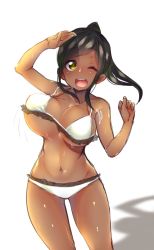 1girl bare_shoulders bikini black_hair blush breasts cleavage dark-skinned_female dark_skin highres large_breasts looking_at_viewer navel one_eye_closed original ponytail sidelocks smile solo stomach swimsuit unaligned_breasts watari1118 wet yellow_eyes