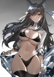 Rule 34 | 1girl, absurdres, animal ears, atago (azur lane), atago (stunning speedster) (azur lane), azur lane, bikini, black bikini, black hair, black thighhighs, breasts, brown eyes, checkered flag, cleavage, extra ears, flag, highres, holding, holding flag, horz, large breasts, long hair, looking at viewer, mole, mole under eye, navel, race queen, ribbon, shrug (clothing), smile, solo, swimsuit, thighhighs, wrist cuffs