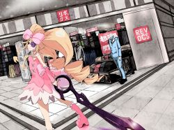 Rule 34 | 10s, 1girl, big hair, blonde hair, boots, bow, clothes, dress, drill hair, eyepatch, hair bow, harime nui, kill la kill, kodomono onryou, long hair, mannequin, pink bow, scissor blade (kill la kill), shop, smile, solo, spoilers, twin drills, twintails, weapon, wrist cuffs