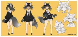Rule 34 | 1girl, animal ear fluff, animal ears, animal hands, black collar, black hair, black headwear, border, character sheet, claw pose, closed mouth, collar, collarbone, ears through headwear, expressions, eyes visible through hair, hair between eyes, hat, hatching (texture), mogumo, multiple views, open mouth, original, red eyes, short eyebrows, simple background, sketch, standing, sweat, tail, teeth, twintails, twitter username, white border, yellow background