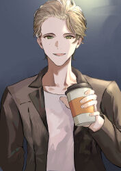 Rule 34 | 1boy, absurdres, blonde hair, brown coat, coat, cup, disposable cup, green eyes, grey background, harold w. lucraft, highres, long sleeves, male focus, mole, mole under eye, shirt, solo, upper body, white shirt, your forma, yozora 400