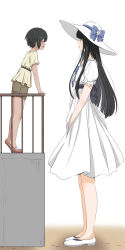 Rule 34 | 2girls, :d, absurdres, bare arms, bare legs, black hair, blue bow, blue bowtie, bow, bowtie, brown footwear, brown shorts, closed eyes, commentary, dress, facing another, from side, hair ornament, hairclip, hand on railing, hasshaku-sama, hat, hat bow, height difference, highres, leaning forward, long hair, looking at another, multiple girls, noto-kanna, open mouth, original, profile, puffy short sleeves, puffy sleeves, railing, shirt, shoes, short hair, short sleeves, shorts, sidelocks, simple background, smile, sun hat, tall female, tan, tiptoes, white background, white dress, white footwear, white headwear, yellow shirt