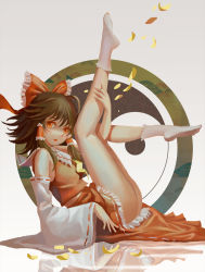 Rule 34 | 1girl, ascot, bad id, bad pixiv id, bow, brown hair, detached sleeves, from side, full body, grey background, hair bow, hair tubes, hakurei reimu, highres, kneepits, ldh, leaning back, legs, legs up, looking at viewer, looking to the side, on floor, open mouth, red eyes, reflection, ribbon-trimmed skirt, ribbon-trimmed sleeves, ribbon trim, simple background, skirt, socks, solo, touhou, wide sleeves, yin yang