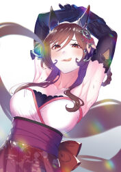 Rule 34 | 1girl, absurdres, alternate costume, animal ears, armpits, arms up, bare shoulders, black gloves, braided hair rings, breasts, brown hair, cleavage, commentary request, doushi tatsu to dekkai no, dress, ear covers, ear ornament, elbow gloves, gentildonna (umamusume), gloves, gradient background, hair ornament, highres, horse ears, horse girl, horse tail, large breasts, lens flare, licking lips, long hair, looking at viewer, obi, presenting armpit, red eyes, sash, solo, strapless, strapless dress, tail, tongue, tongue out, umamusume